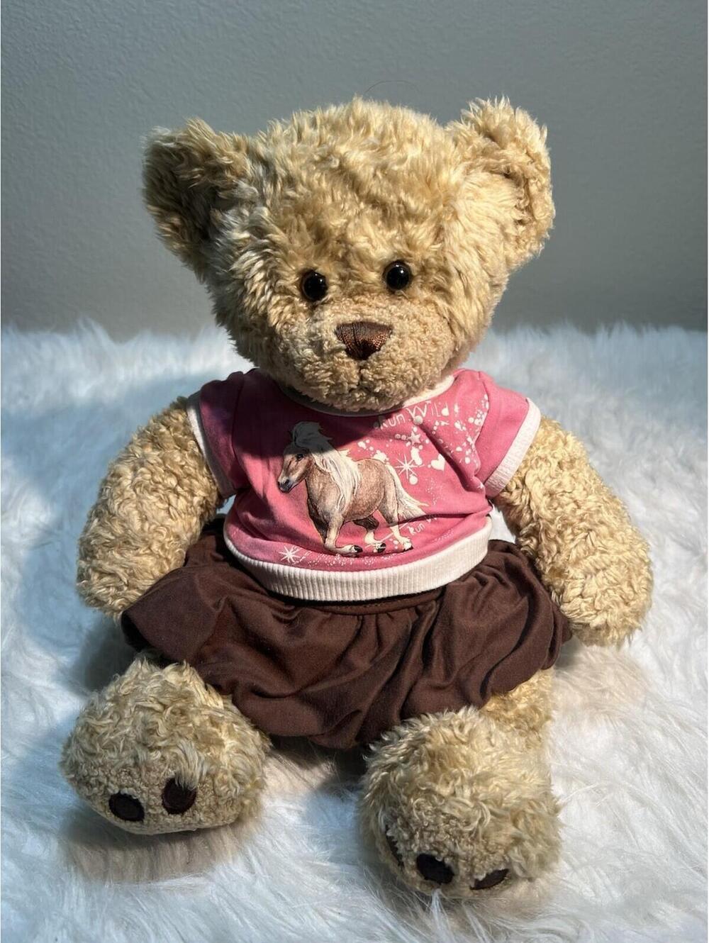 Build-A-Bear Teddy W/ Tan Curly Fur & Pink Horse Shirt Outfit